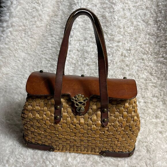 John Romain Vintage Straw hand  Bag Woven rush straw  brown Leather Straps&trims - Picture 1 of 14